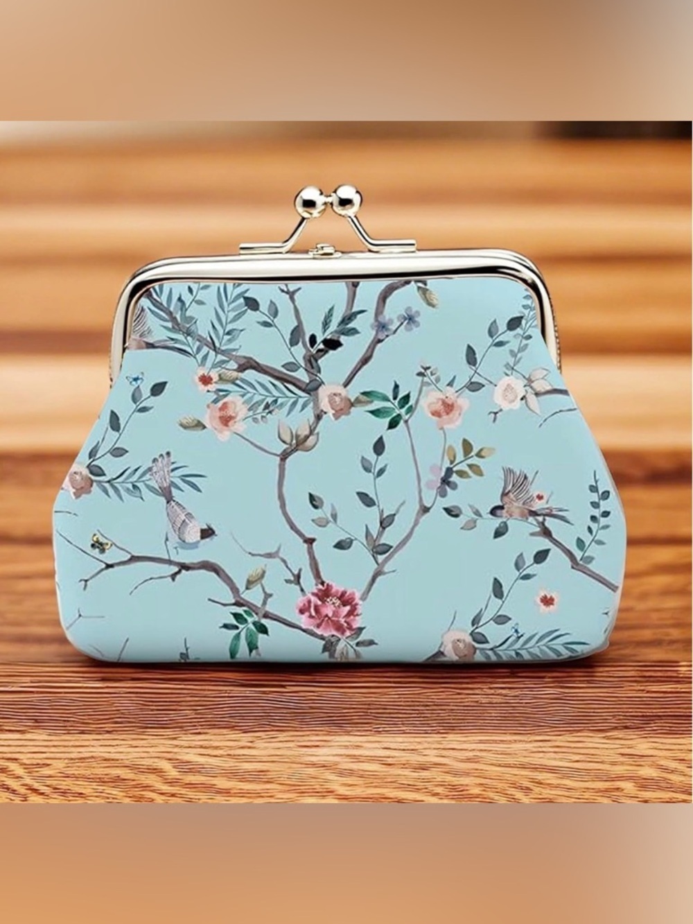 Blue Floral Bird Coin Purse Kiss Lock Clasp Mini Pouch Cottagecore Flowers Chic